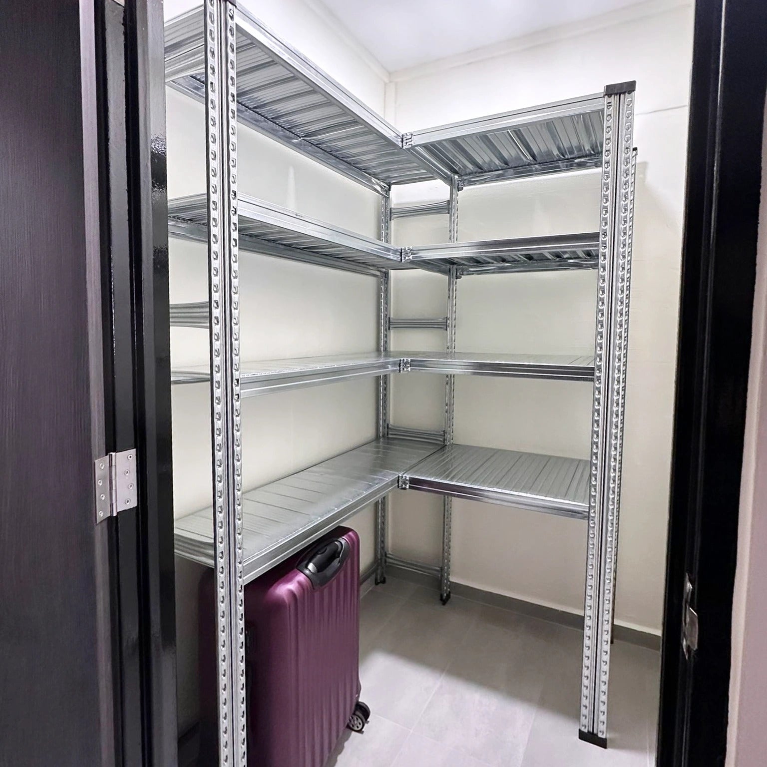 Boltless L-Shape Rack 4 Tiers, raised for luggage - SIM WIN LIANG Singapore