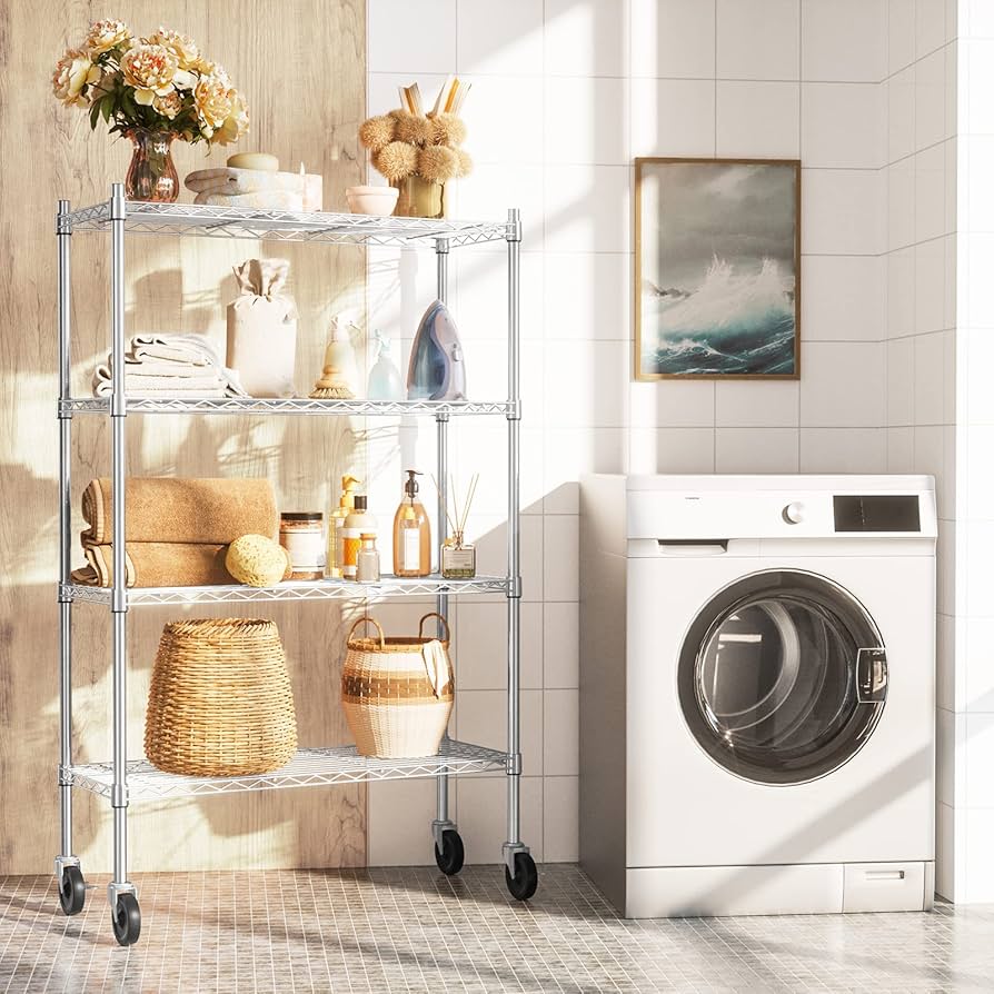Chrome Wire Shelving 4 Tiers with Castor Wheels at Home - SIM WIN LIANG Singapore